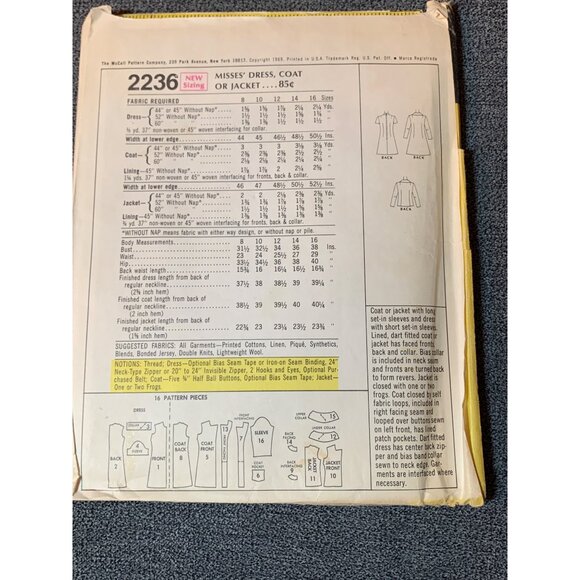 Vintage McCalls 2236 Misses Dress Coat Jacket Sewing Pattern Size 8 1969 uncut - Picture 2 of 2